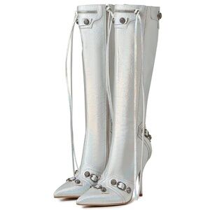 Silver Heeled Boots with Stiletto Heel and Drawstring Closure